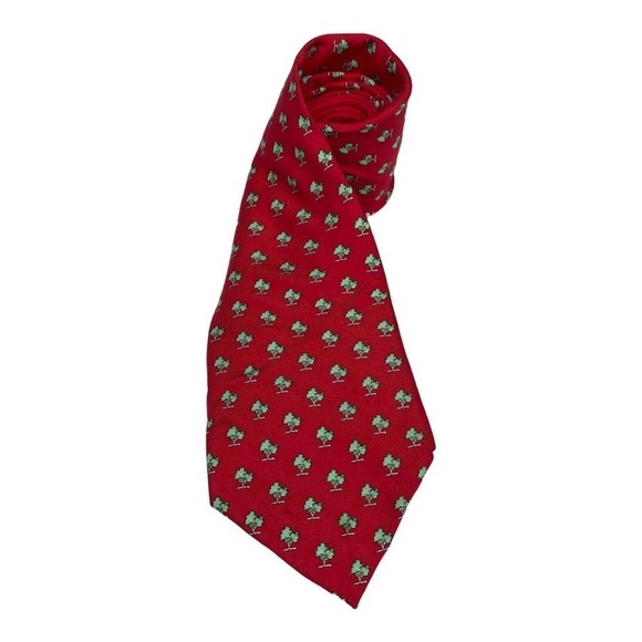 Men's Vineyard Vines Custom Collection Red with Green Tree Print All Silk Tie - Picture 1 of 4